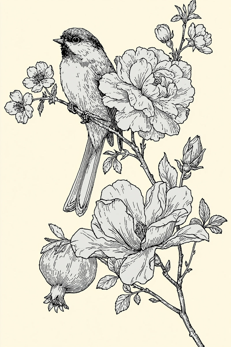 Floral Bird Branch Library Plate from Birds Embroidery Book 3, a digital embroidery design reference for machine embroidery designs, embroidery patterns and botanical and floral embroidery.