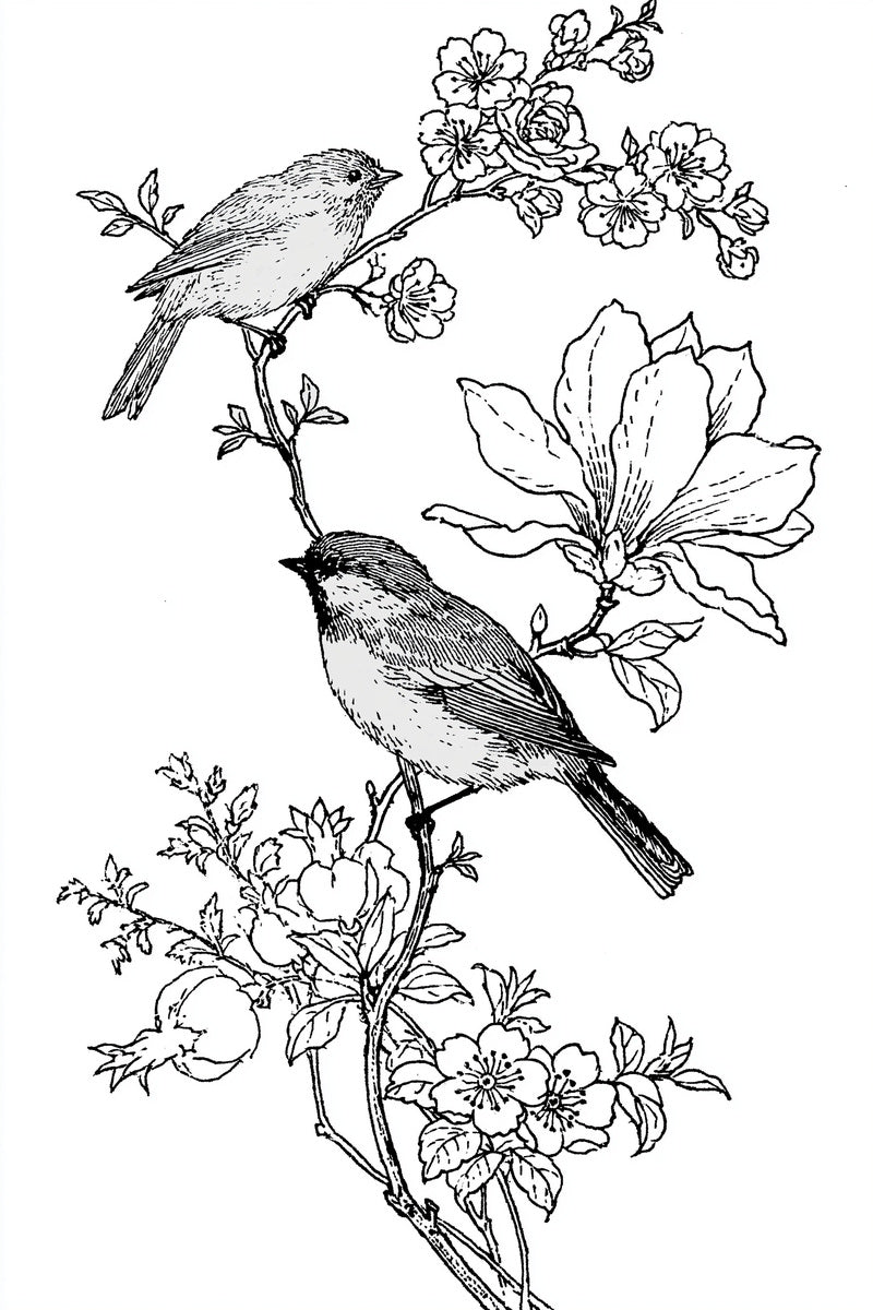Floral Bird Branch Library Plate from Birds Embroidery Book 4, a digital embroidery design reference for machine embroidery designs, embroidery patterns and botanical and floral embroidery.