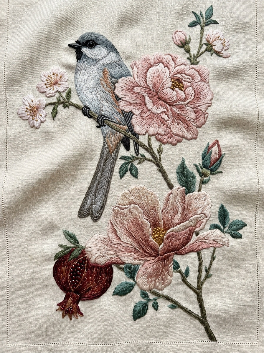 Floral Bird Branch Library Plate from Birds Embroidery Book 3, a digital embroidery design reference for machine embroidery designs, embroidery patterns and botanical and floral embroidery.