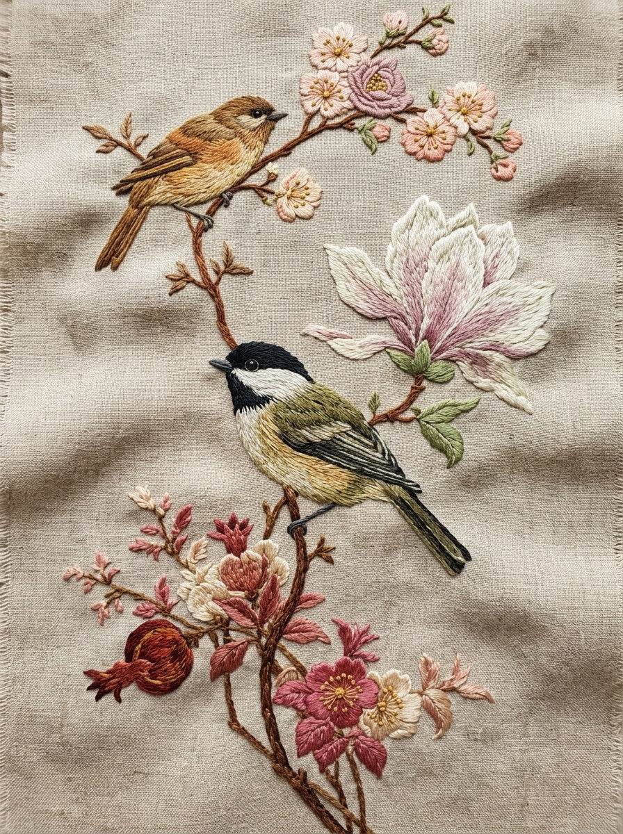 Floral Bird Branch Library Plate from Birds Embroidery Book 4, a digital embroidery design reference for machine embroidery designs, embroidery patterns and botanical and floral embroidery.