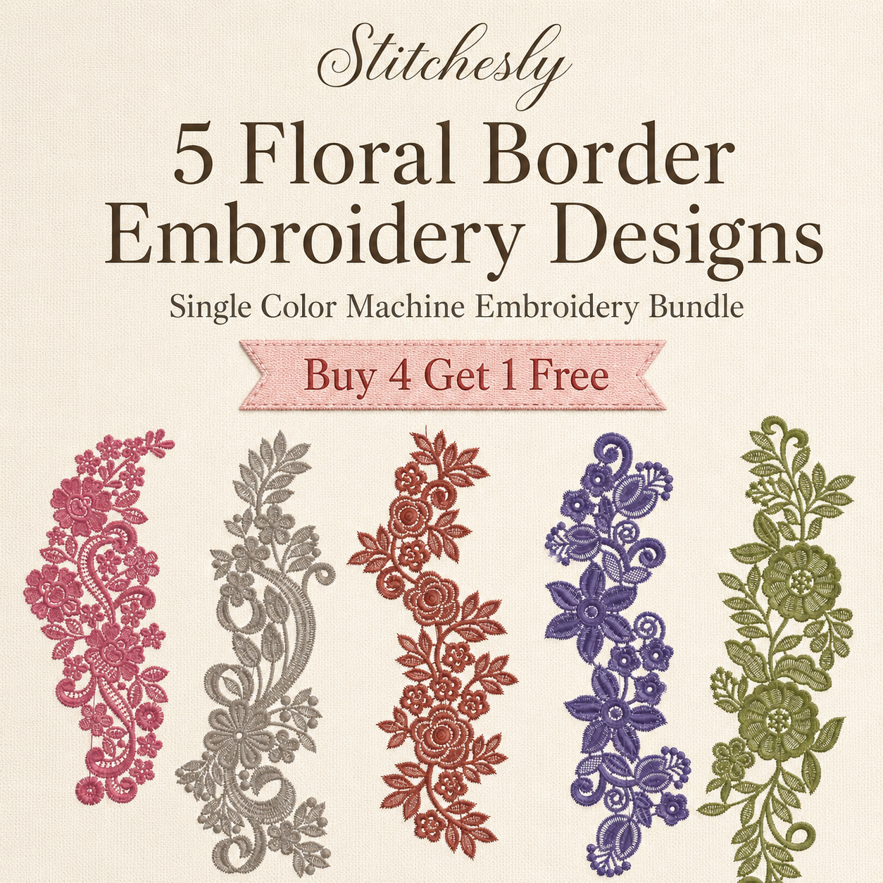 5 Floral Border Machine Embroidery Files Bundle – Single Color Designs
