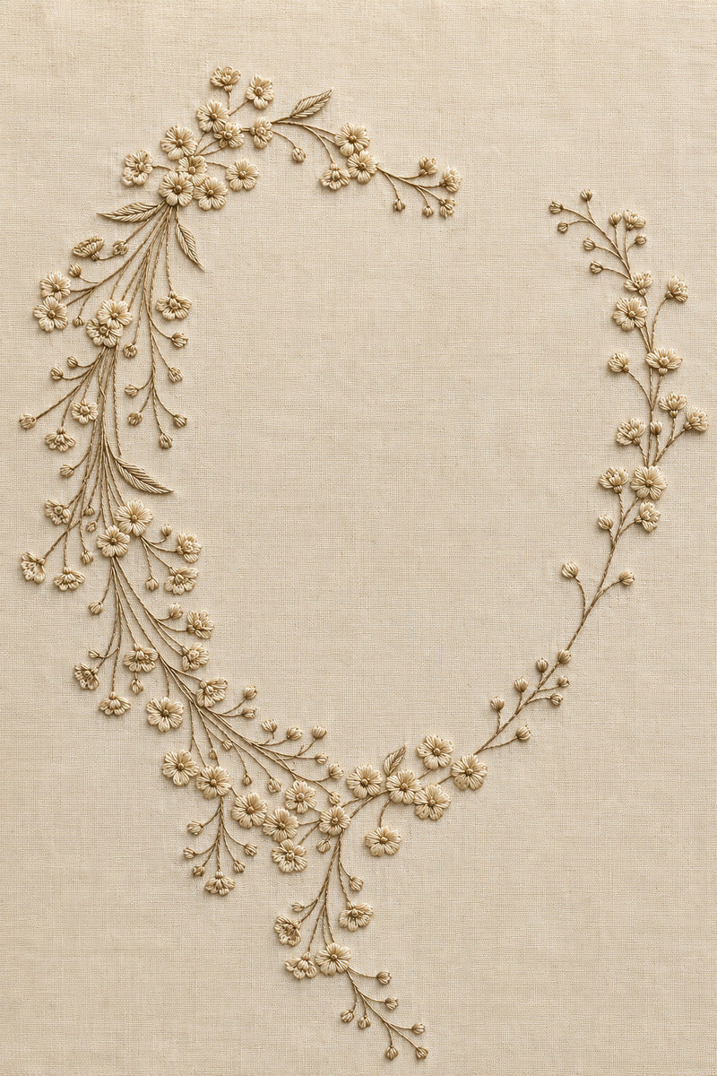 Floral Crescent Neckline from Neckline & Collar Embroidery Designs Book 1, a digital embroidery design reference for machine embroidery designs, embroidery patterns and garment placement ideas.