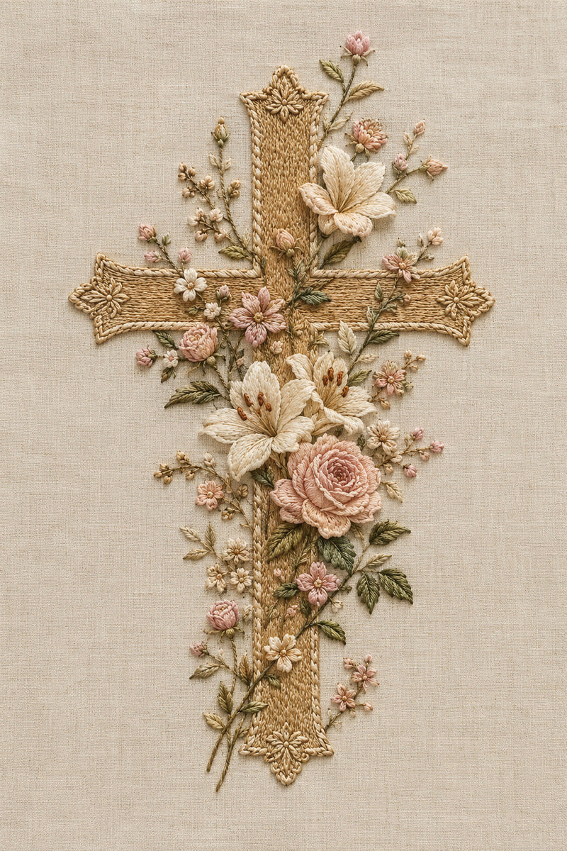 Floral Cross Embroidery Motif 02 from Church Embroidery & Sacred Ornament Book 3, a digital embroidery design reference for machine embroidery designs, embroidery patterns and botanical and floral embroidery.