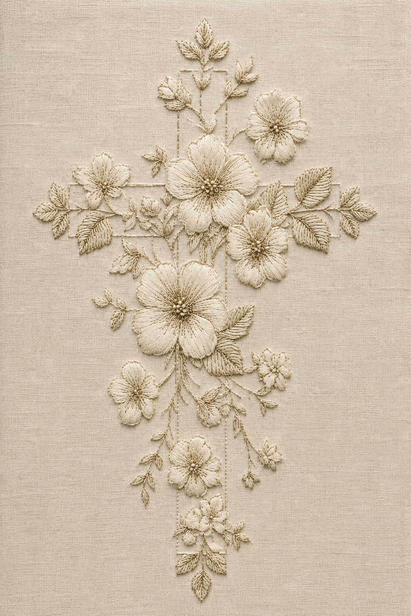 Floral Cross Embroidery Motif 1 from Church Embroidery & Sacred Ornament Book 4, a digital embroidery design reference for machine embroidery designs, embroidery patterns and botanical and floral embroidery.