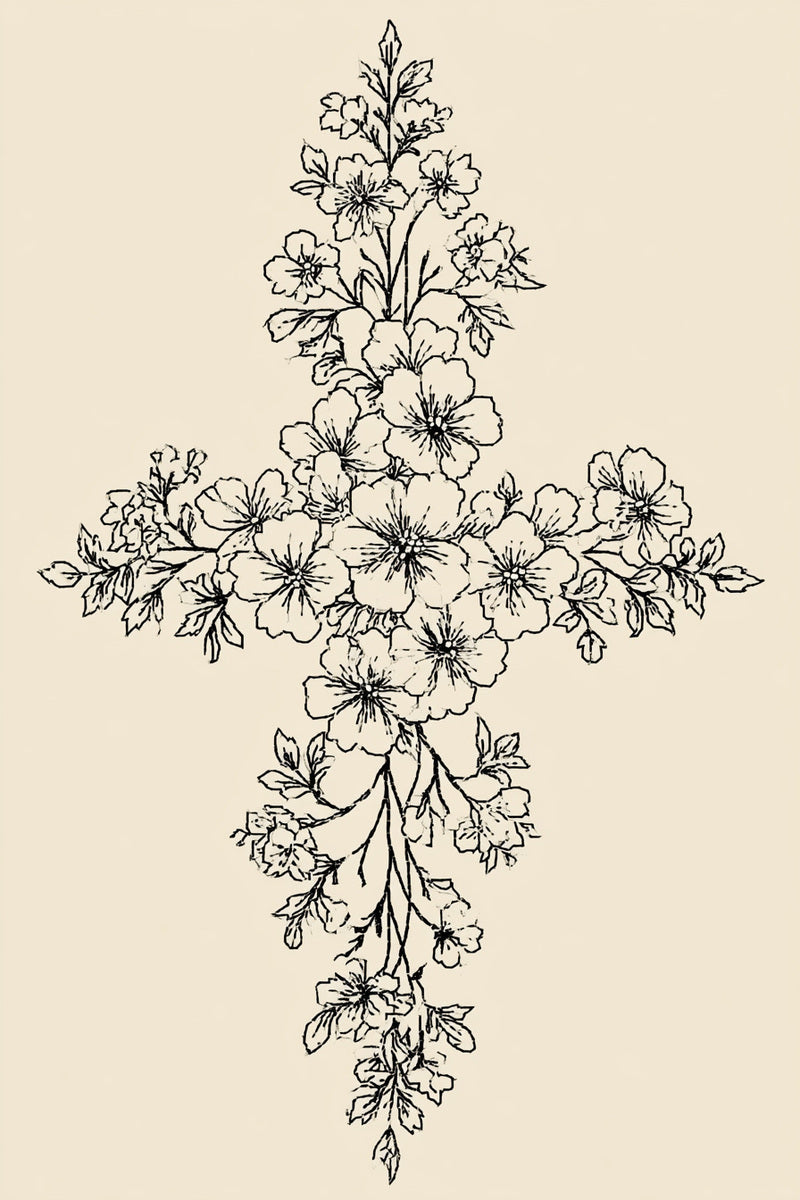 Floral Cross Embroidery Motif from Church Embroidery & Sacred Ornament Book 1, a digital embroidery design reference for machine embroidery designs, embroidery patterns and botanical and floral embroidery.
