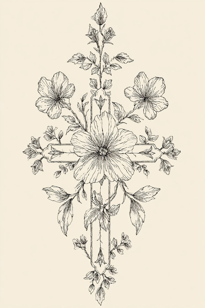 Floral Cross Embroidery Motif from Church Embroidery & Sacred Ornament Book 2, a digital embroidery design reference for machine embroidery designs, embroidery patterns and botanical and floral embroidery.