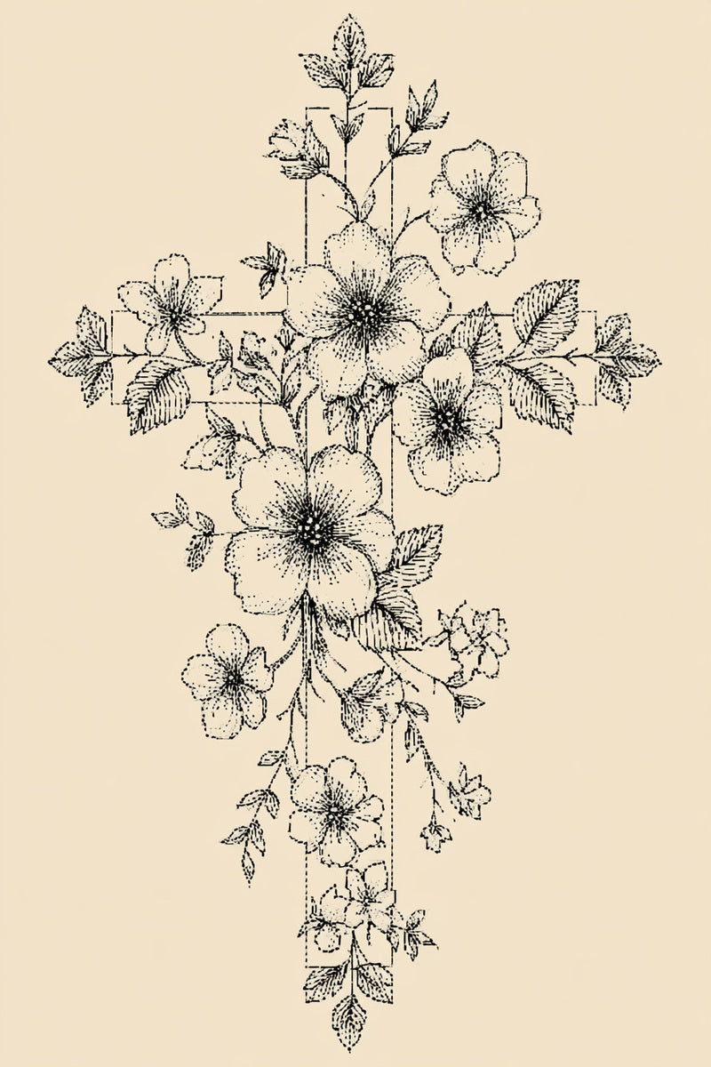 Floral Cross Embroidery Motif from Church Embroidery & Sacred Ornament Book 4, a digital embroidery design reference for machine embroidery designs, embroidery patterns and botanical and floral embroidery.