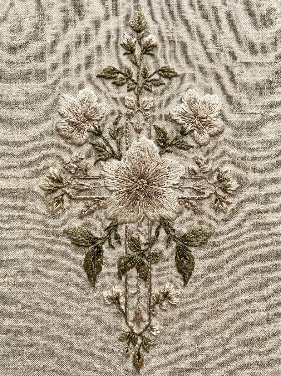 Floral Cross Embroidery Motif from Church Embroidery & Sacred Ornament Book 2, a digital embroidery design reference for machine embroidery designs, embroidery patterns and botanical and floral embroidery.