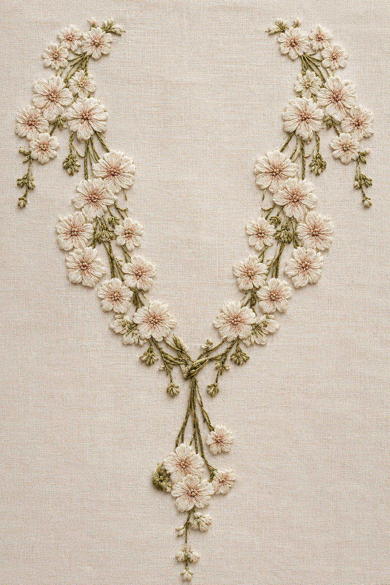 Floral Neckline With Central from Neckline & Collar Embroidery Designs Book 2, a digital embroidery design reference for machine embroidery designs, embroidery patterns and garment placement ideas.