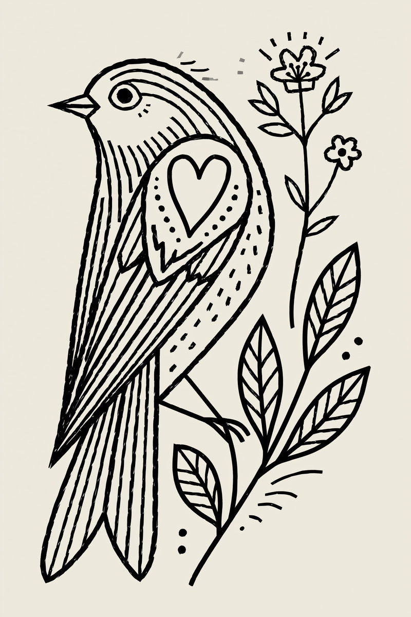 Folk Bird And Heart Motif from Birds Embroidery Book 3, a digital embroidery design reference for machine embroidery designs, embroidery patterns and embroidery design reference.