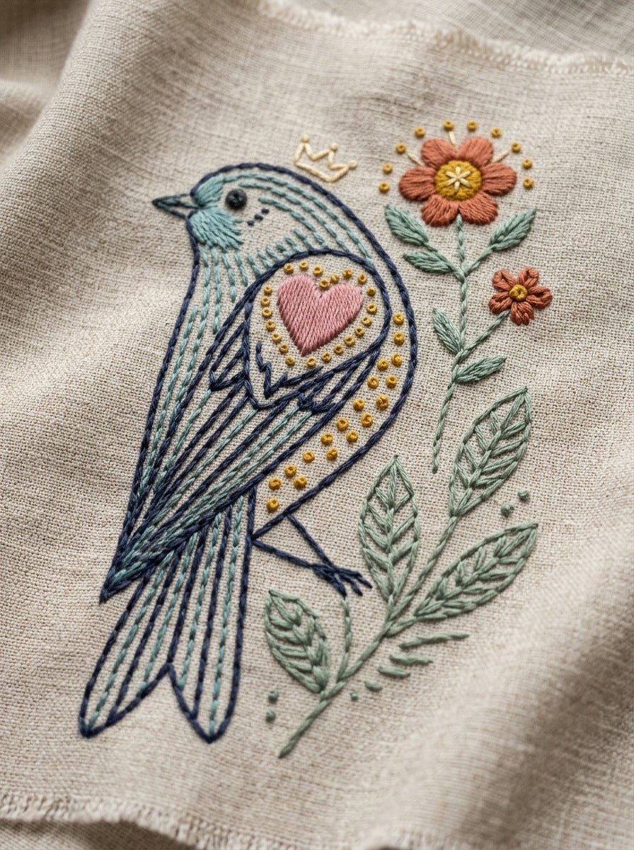 Folk Bird And Heart Motif from Birds Embroidery Book 3, a digital embroidery design reference for machine embroidery designs, embroidery patterns and embroidery design reference.