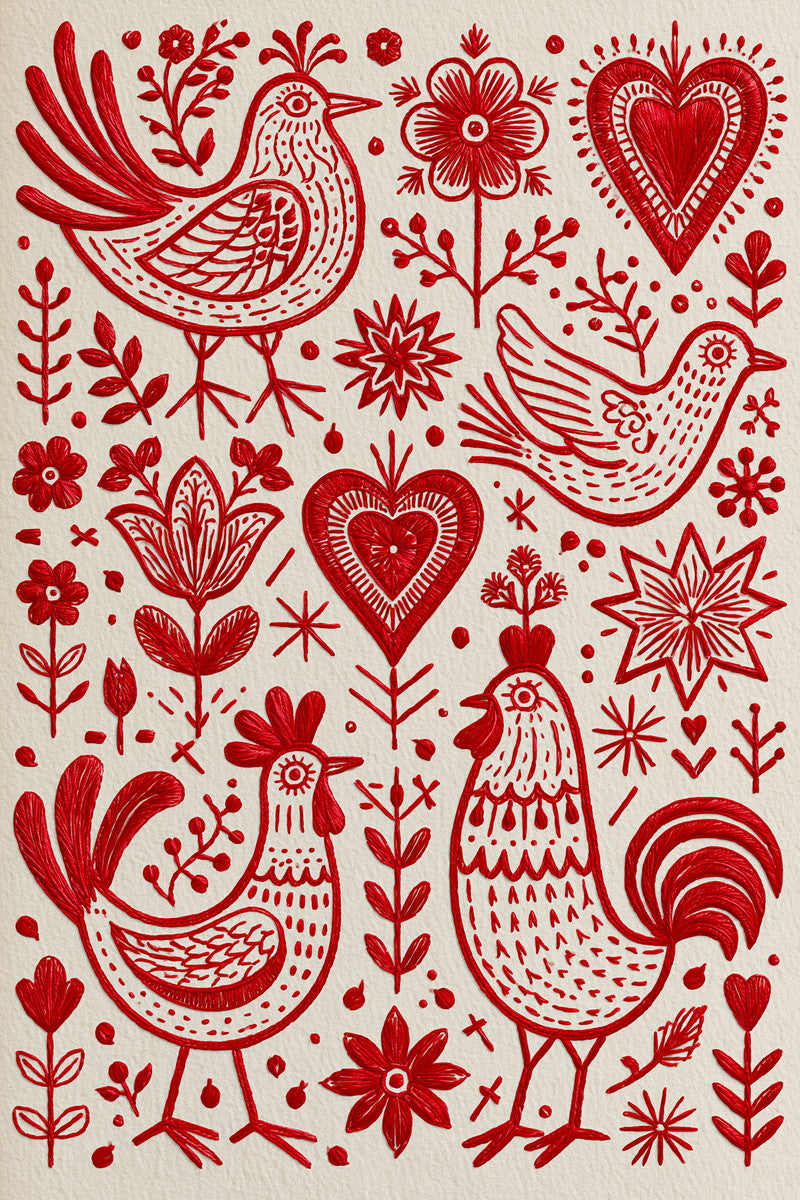 Folk Bird Heart And Symbol from Folk Redwork & Country Florals Book 4, a digital embroidery design reference for machine embroidery designs, embroidery patterns and botanical and floral embroidery.