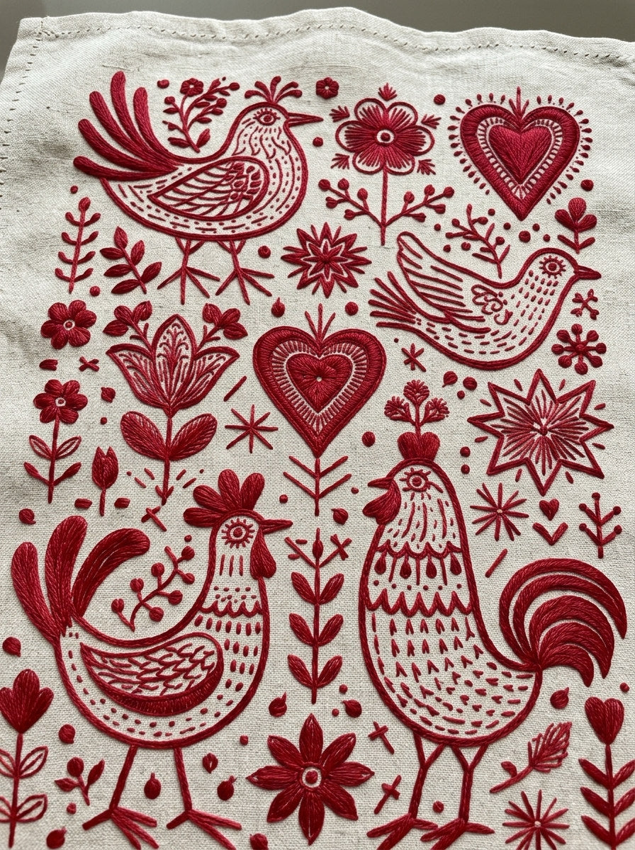 Folk Bird Heart And Symbol from Folk Redwork & Country Florals Book 4, a digital embroidery design reference for machine embroidery designs, embroidery patterns and botanical and floral embroidery.