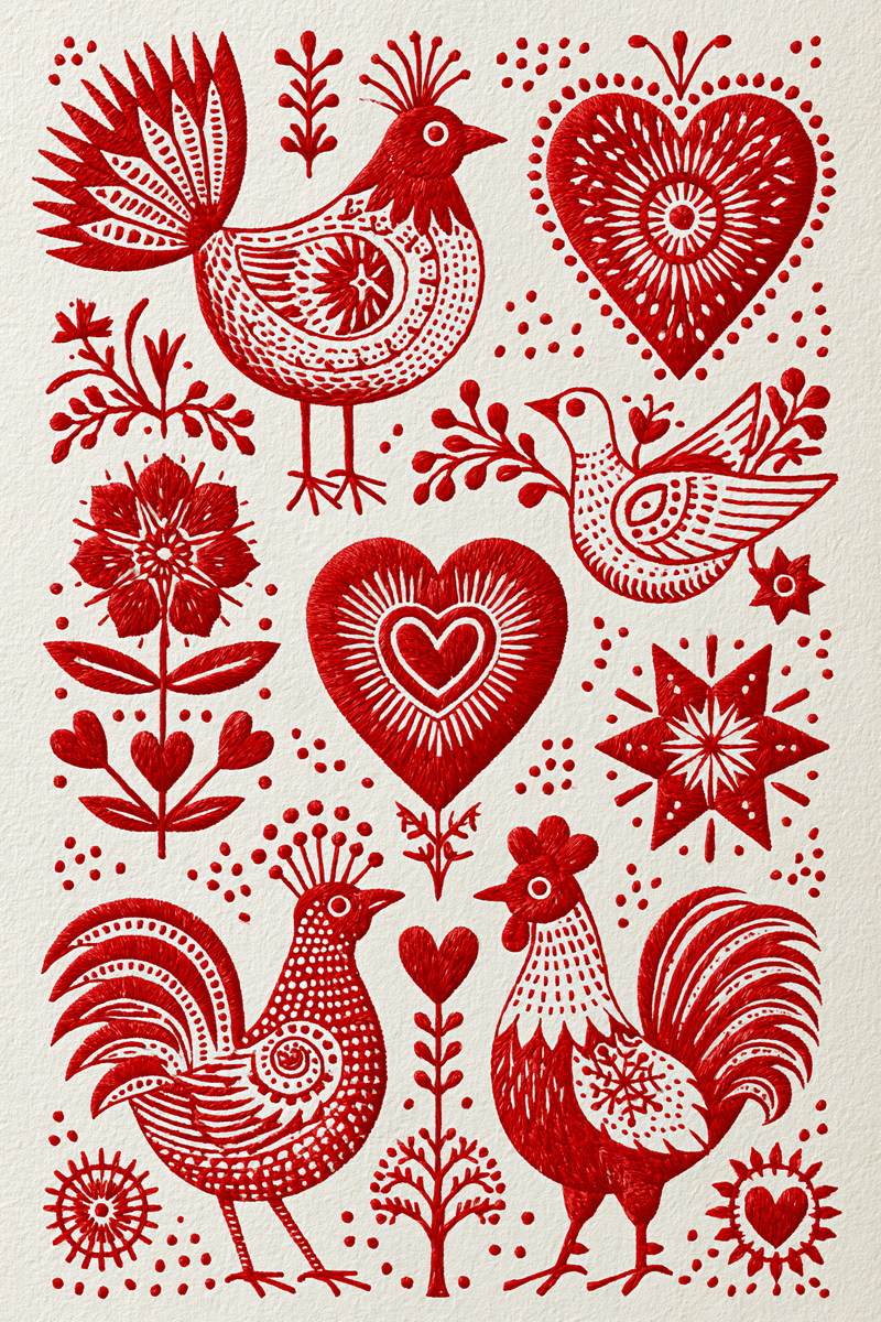 Folk Birds Hearts And Naive from Folk Redwork & Country Florals Book 2, a digital embroidery design reference for machine embroidery designs, embroidery patterns and botanical and floral embroidery.