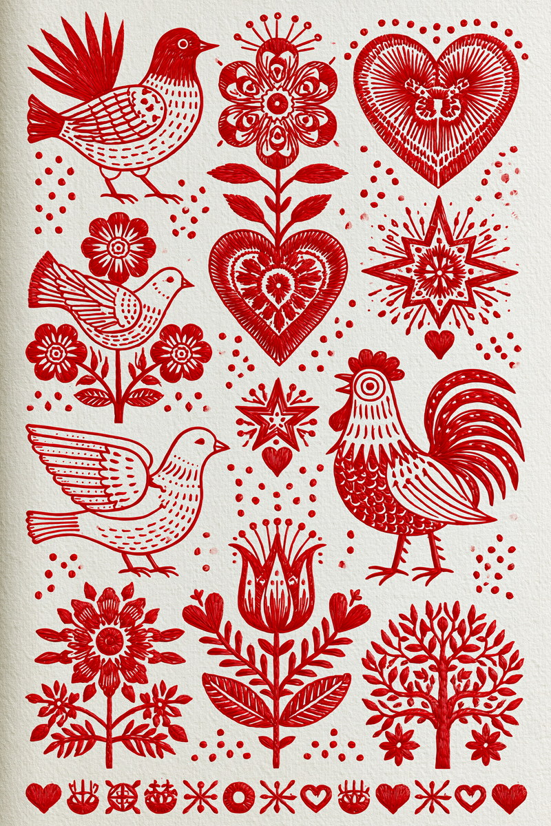 Folk Birds Hearts And Naive from Folk Redwork & Country Florals Book 3, a digital embroidery design reference for machine embroidery designs, embroidery patterns and botanical and floral embroidery.