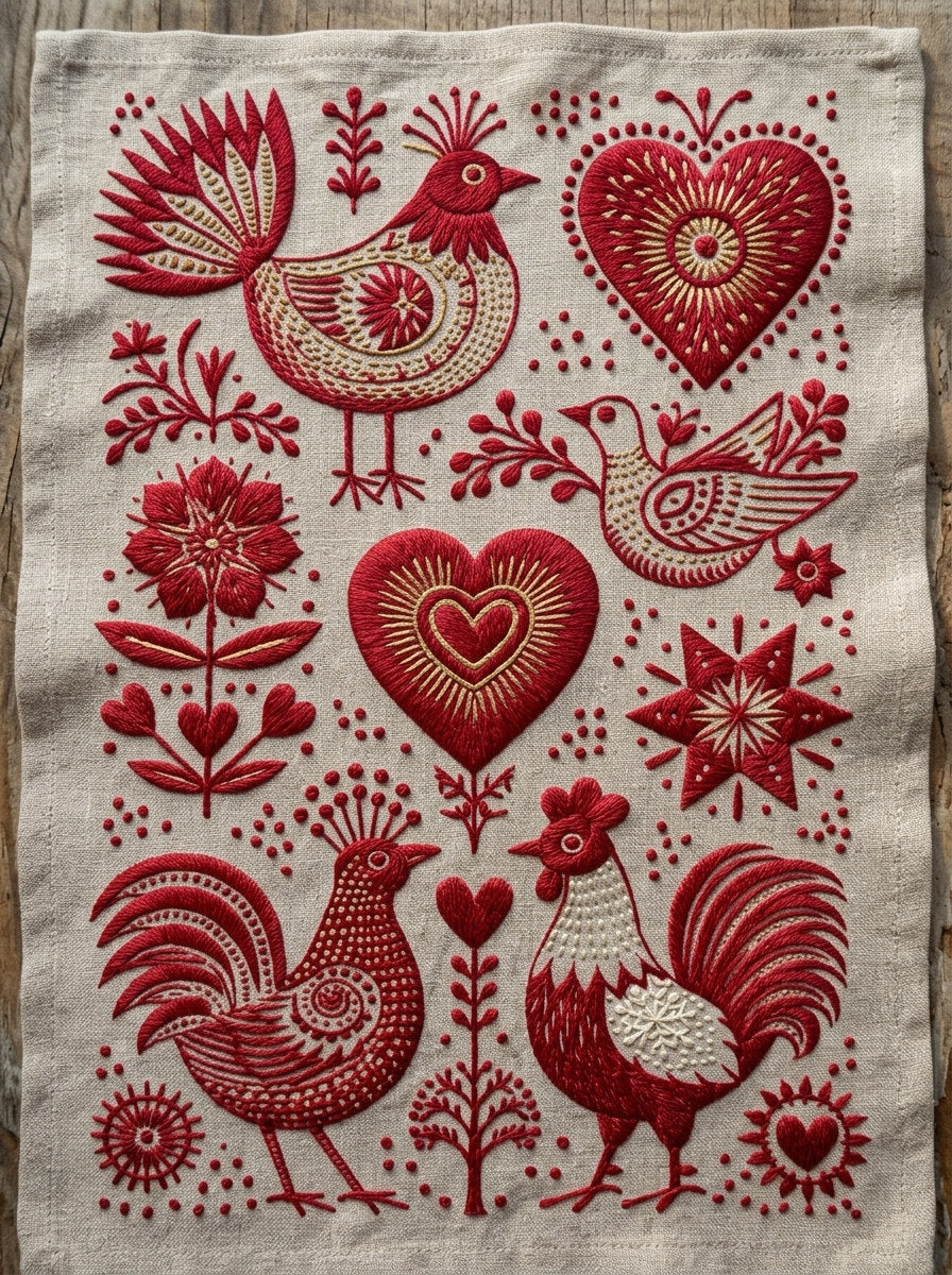 Folk Birds Hearts And Naive from Folk Redwork & Country Florals Book 2, a digital embroidery design reference for machine embroidery designs, embroidery patterns and botanical and floral embroidery.