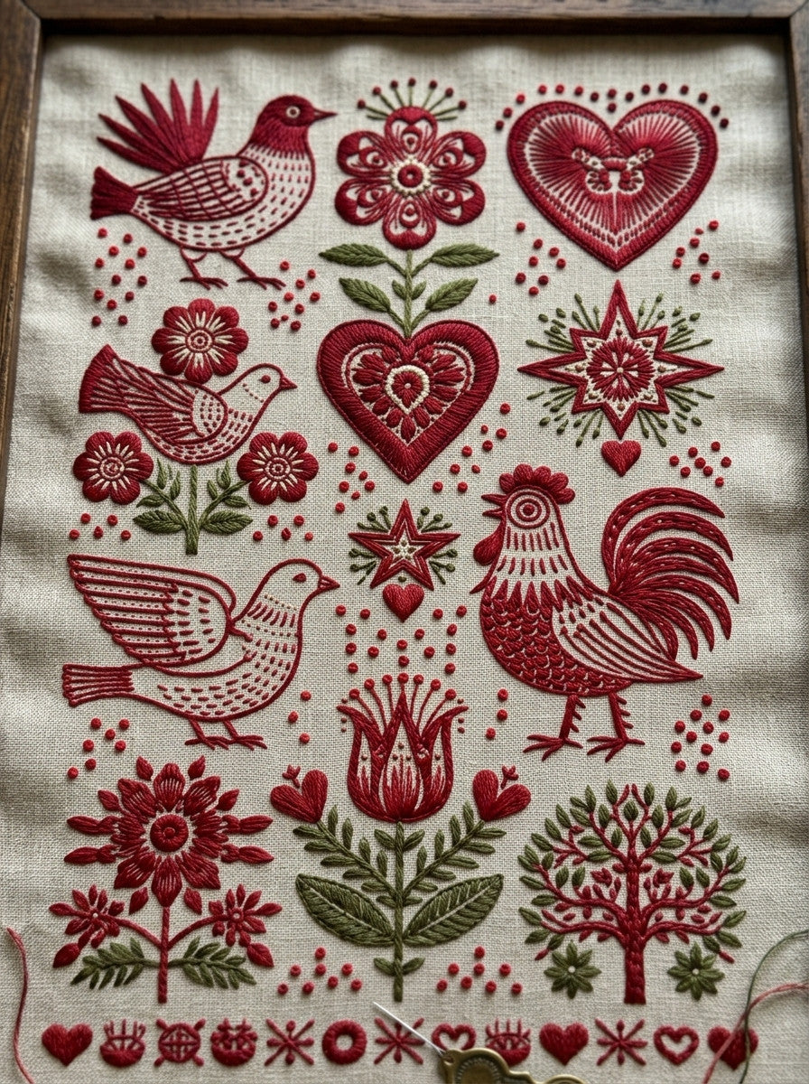 Folk Birds Hearts And Naive from Folk Redwork & Country Florals Book 3, a digital embroidery design reference for machine embroidery designs, embroidery patterns and botanical and floral embroidery.