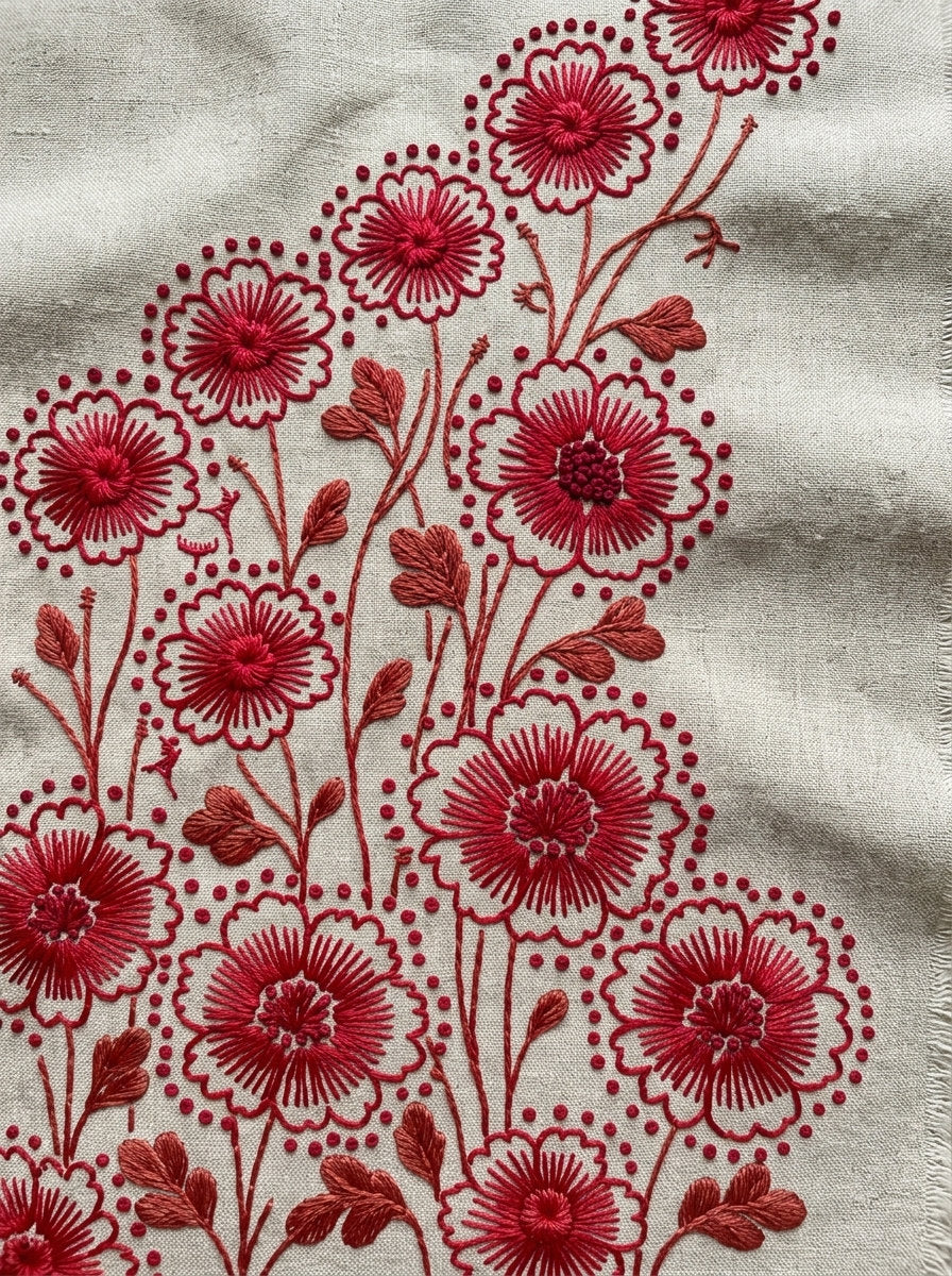 Folk Flower Border Folk Redwork from Folk Redwork & Country Florals Book 4, a digital embroidery design reference for machine embroidery designs, embroidery patterns and border and edge embroidery.