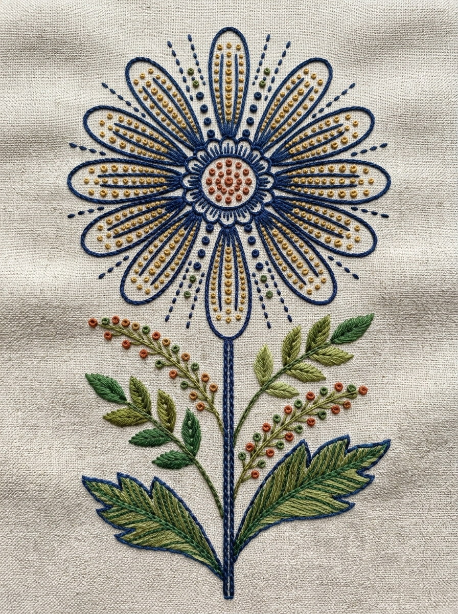 Folk Garden Daisy Motif Global from Global Folk Art Embroidery Book 1, a digital embroidery design reference for machine embroidery designs, embroidery patterns and botanical and floral embroidery.