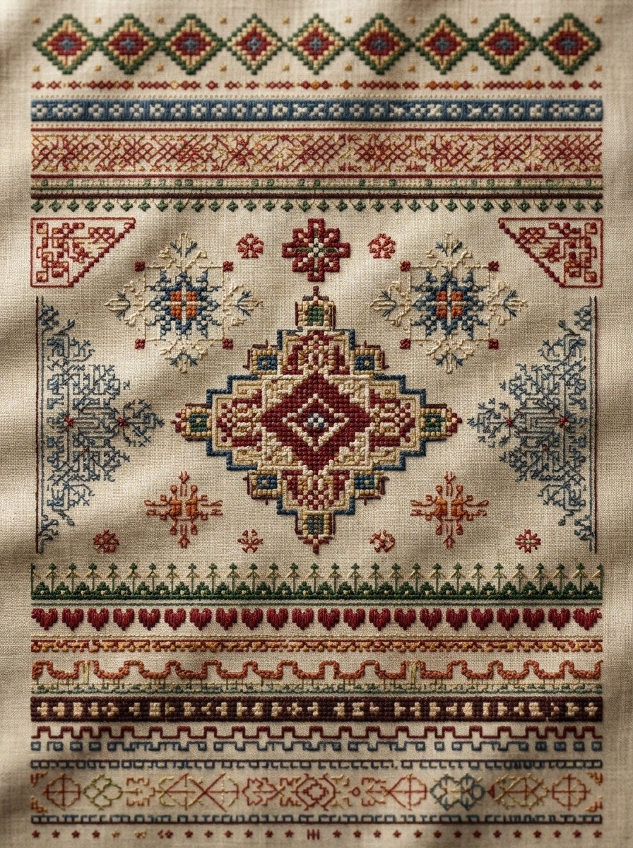 Folk Geometric Sampler Library Plate from Hungarian & Slavic Embroidery Motifs Book 3, a digital embroidery design reference for machine embroidery designs, embroidery patterns and embroidery design reference.