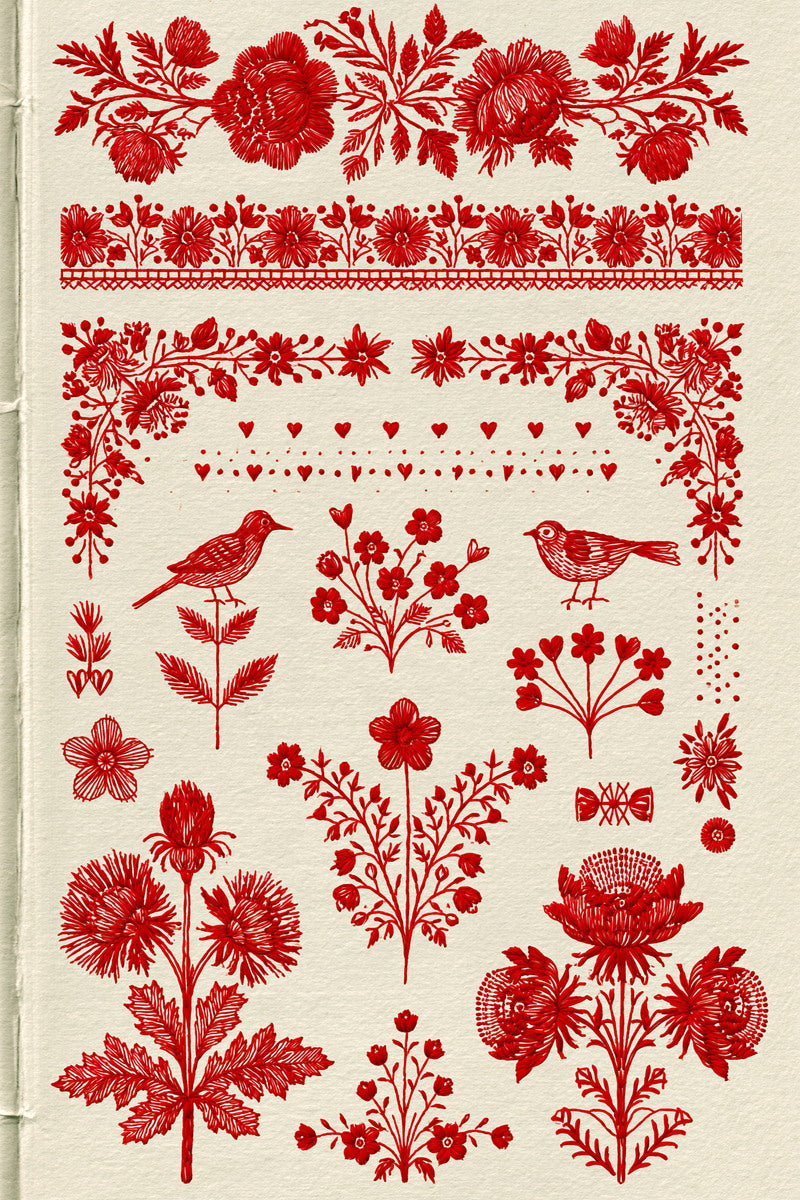 Folk Redwork Border And Frame from Folk Redwork & Country Florals Book 2, a digital embroidery design reference for machine embroidery designs, embroidery patterns and border and edge embroidery.