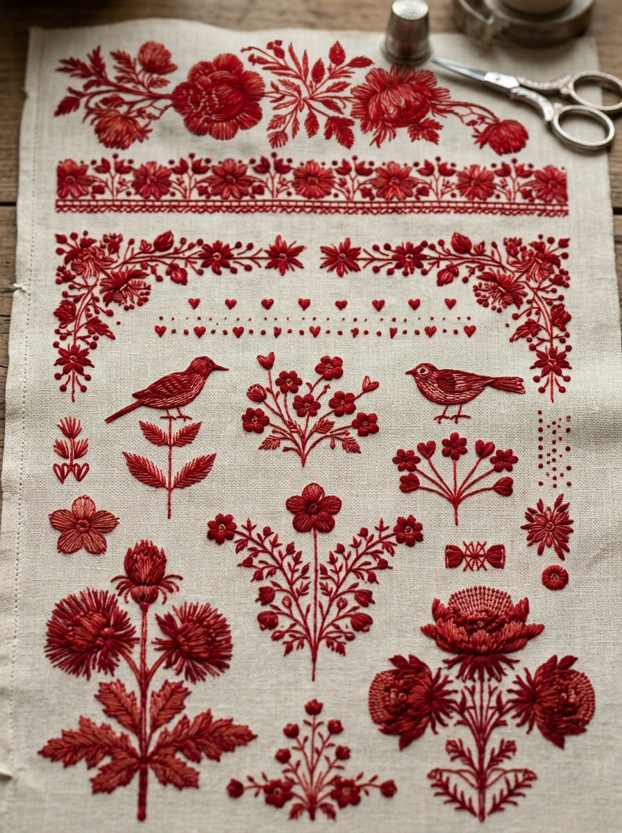 Folk Redwork Border And Frame from Folk Redwork & Country Florals Book 2, a digital embroidery design reference for machine embroidery designs, embroidery patterns and border and edge embroidery.