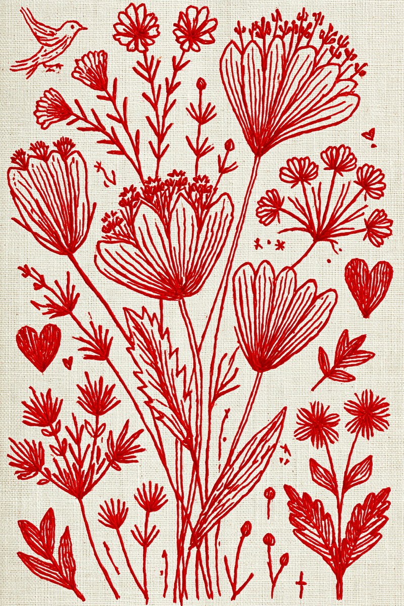 Folk Redwork Embroidery Pattern Book 02 from Folk Redwork & Country Florals Book 3, a digital embroidery design reference for machine embroidery designs, embroidery patterns and botanical and floral embroidery.