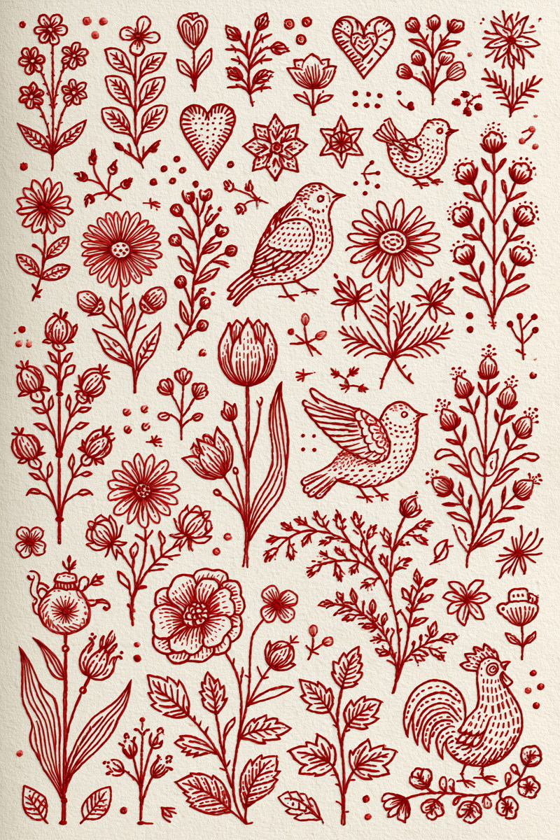 Folk Redwork Embroidery Pattern from Folk Redwork & Country Florals Book 3, a digital embroidery design reference for machine embroidery designs, embroidery patterns and botanical and floral embroidery.