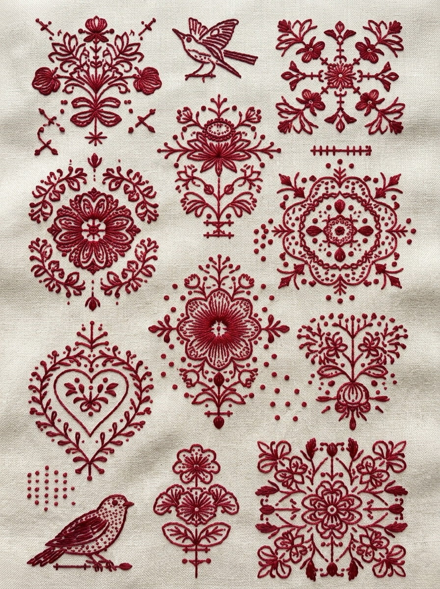 Folk Redwork Embroidery Pattern Book 3 from Folk Redwork & Country Florals Book 3, a digital embroidery design reference for machine embroidery designs, embroidery patterns and botanical and floral embroidery.
