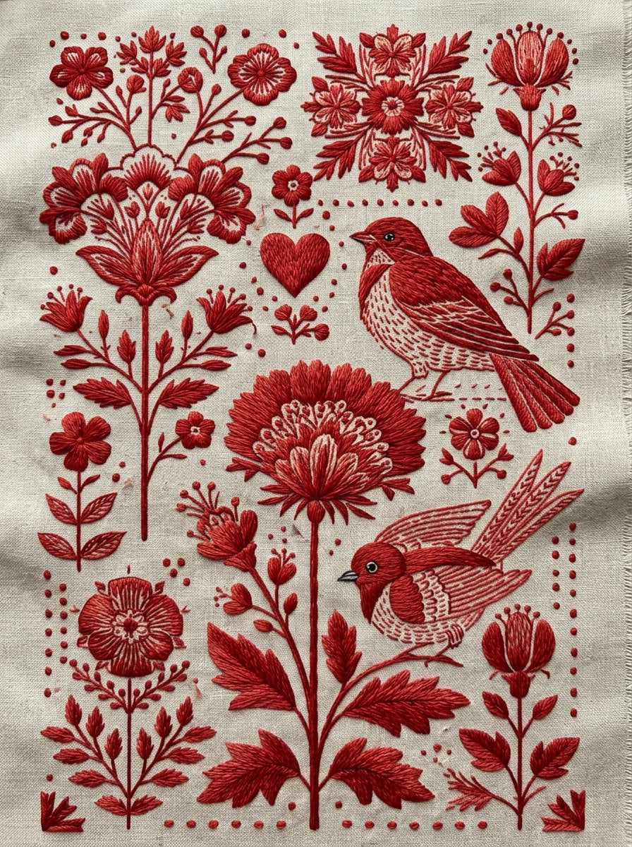 Folk Redwork Embroidery Pattern Book Png from Folk Redwork & Country Florals Book 1, a digital embroidery design reference for machine embroidery designs, embroidery patterns and botanical and floral embroidery.
