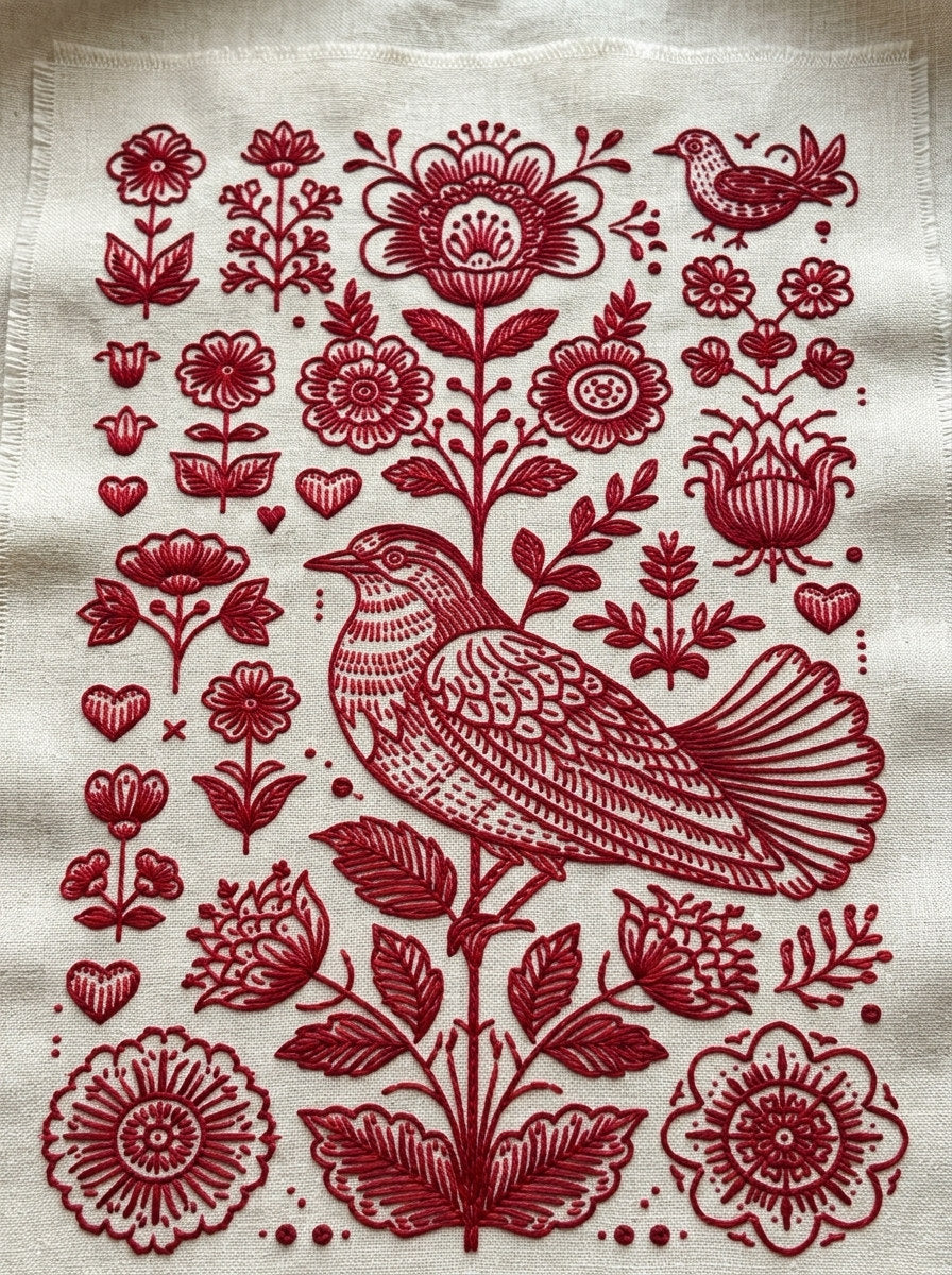 Folk Redwork Embroidery Pattern Book from Folk Redwork & Country Florals Book 4, a digital embroidery design reference for machine embroidery designs, embroidery patterns and botanical and floral embroidery.