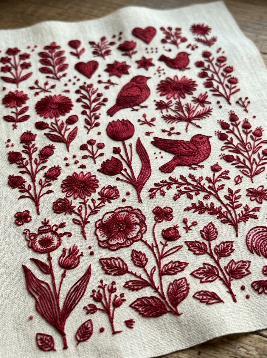 Folk Redwork Embroidery Pattern Png from Folk Redwork & Country Florals Book 3, a digital embroidery design reference for machine embroidery designs, embroidery patterns and botanical and floral embroidery.