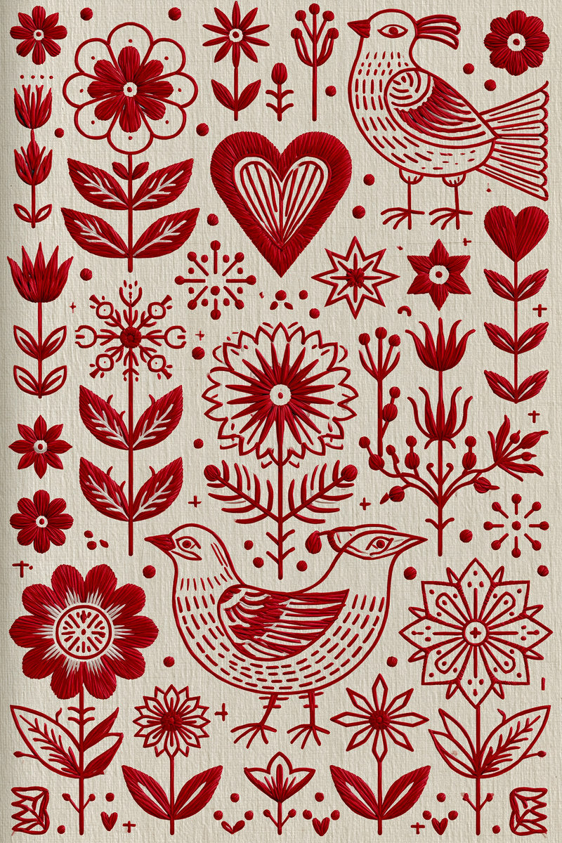 Folk Redwork Mini Motif Library from Folk Redwork & Country Florals Book 1, a digital embroidery design reference for machine embroidery designs, embroidery patterns and small motif and accent designs.