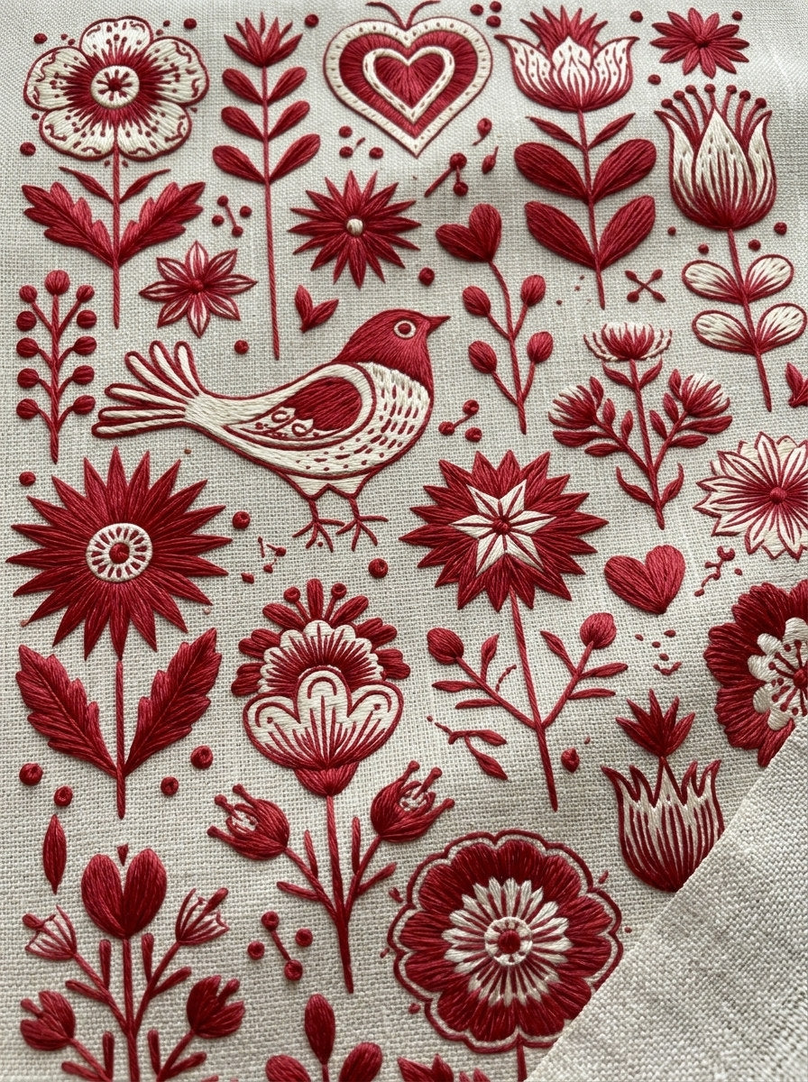 Folk Redwork Mini Motif Library from Folk Redwork & Country Florals Book 3, a digital embroidery design reference for machine embroidery designs, embroidery patterns and small motif and accent designs.