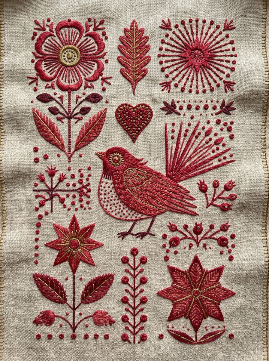 Folk Redwork Mini Motif Set from Folk Redwork & Country Florals Book 1, a digital embroidery design reference for machine embroidery designs, embroidery patterns and small motif and accent designs.