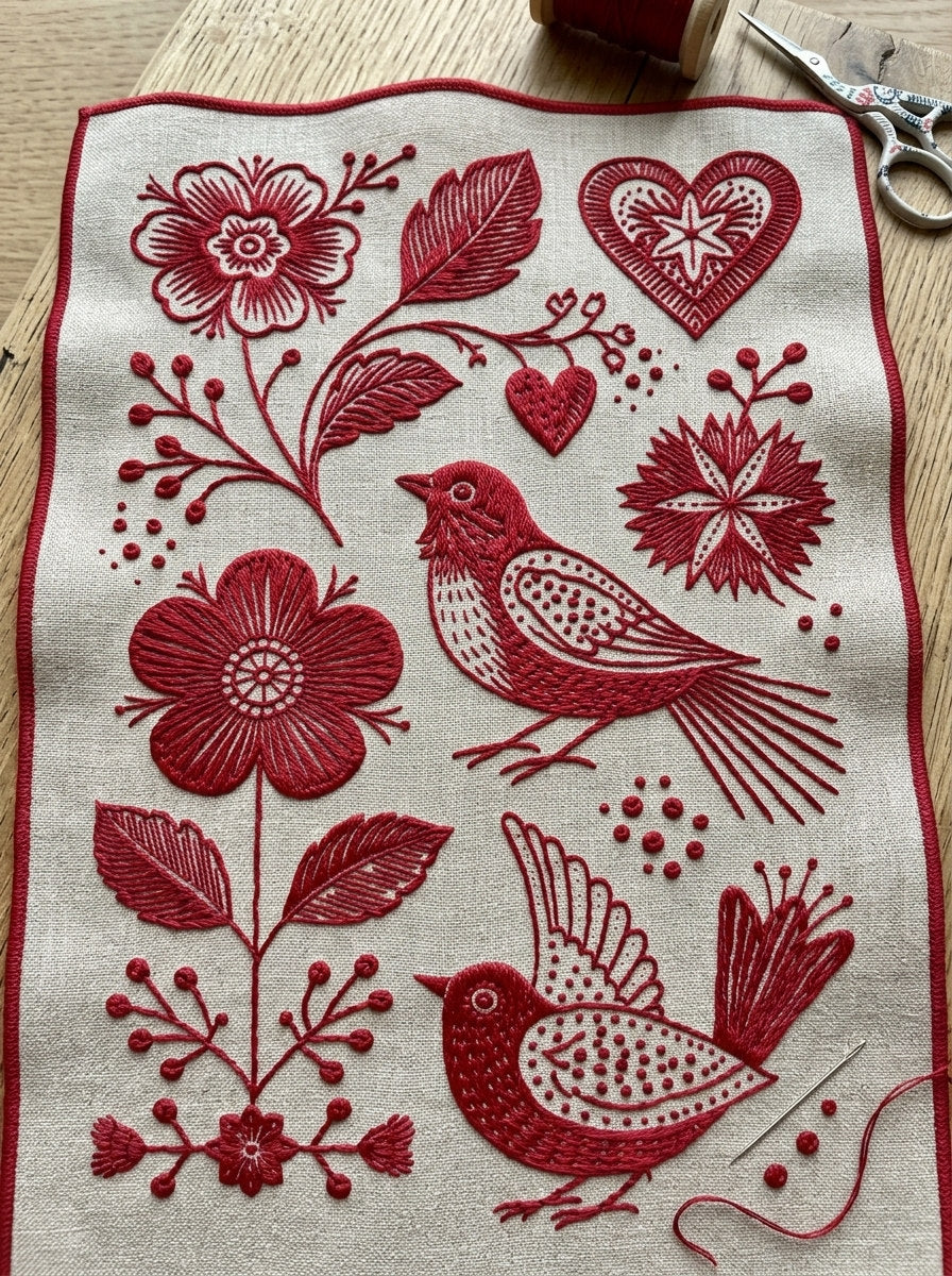 Folk Redwork Mini Motif Set from Folk Redwork & Country Florals Book 2, a digital embroidery design reference for machine embroidery designs, embroidery patterns and small motif and accent designs.