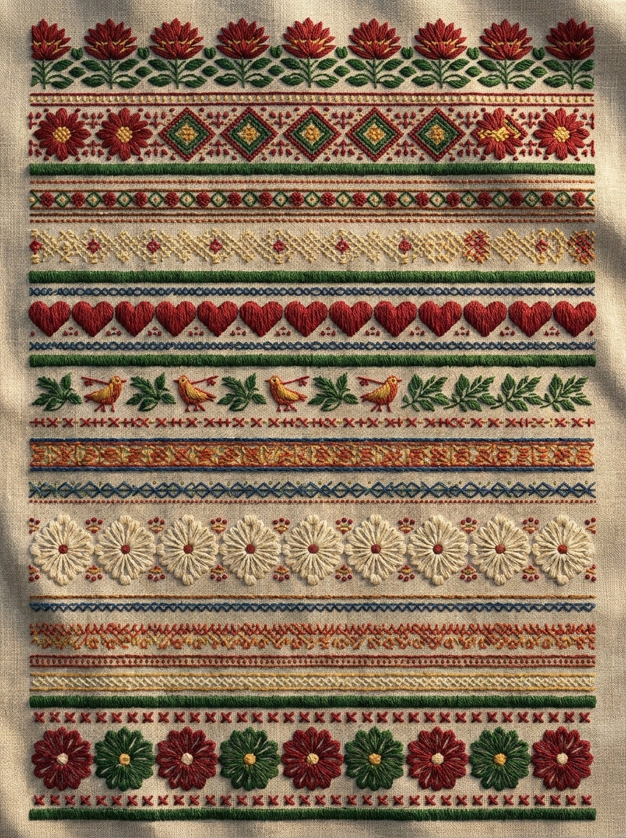 Folk Sampler Band Study from Hungarian & Slavic Embroidery Motifs Book 4, a digital embroidery design reference for machine embroidery designs, embroidery patterns and border and edge embroidery.