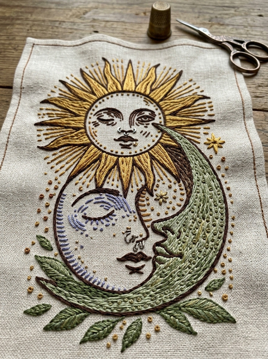 Folk Sun Moon And Star from Global Folk Art Embroidery Book 1, a digital embroidery design reference for machine embroidery designs, embroidery patterns and embroidery design reference.