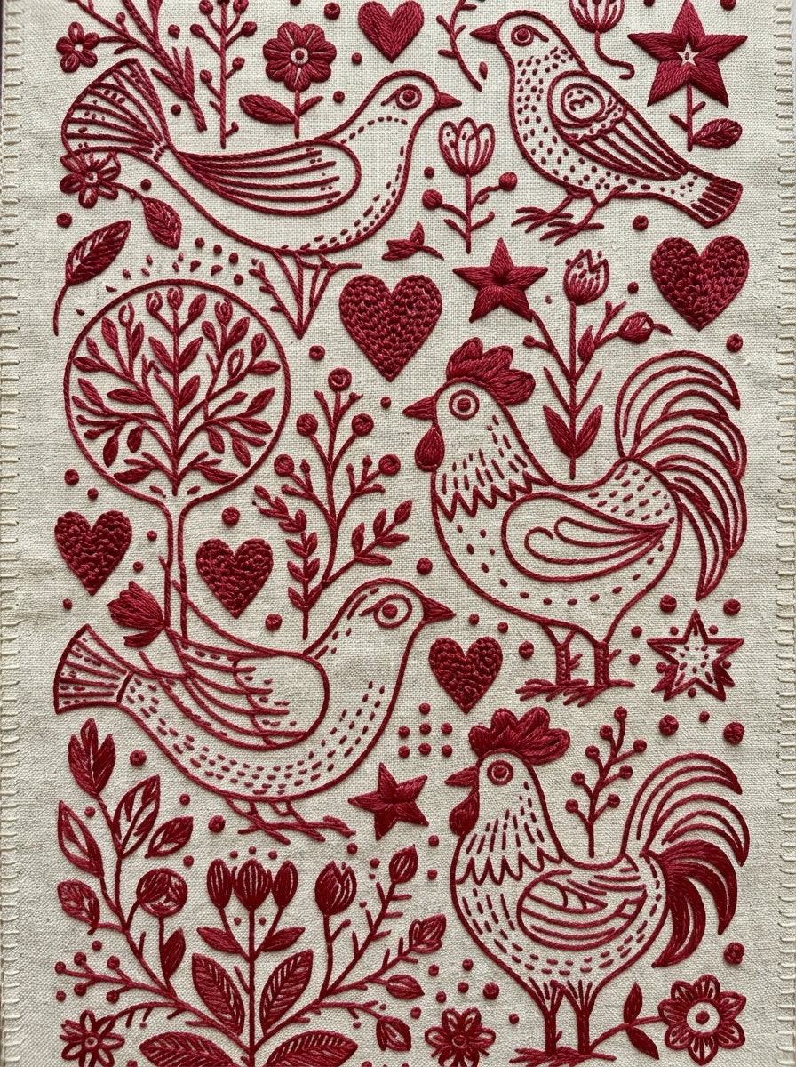 Folk Symbol Redwork Library Plate from Folk Redwork & Country Florals Book 2, a digital embroidery design reference for machine embroidery designs, embroidery patterns and botanical and floral embroidery.