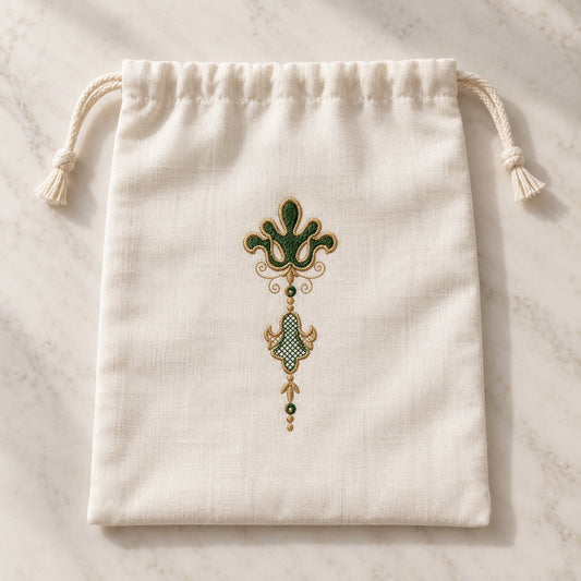 Ivory linen drawstring pouch with a narrow forest-green and champagne fleur de lis pendant embroidered on its front.