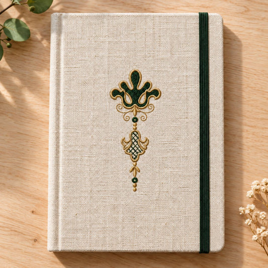 Linen notebook cover with green elastic and a centered forest-green fleur de lis pendant edged in champagne thread.