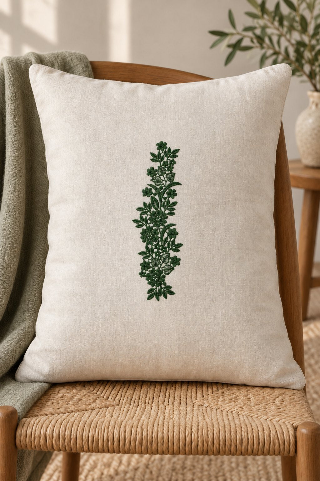 Upright ivory rectangular cushion with one narrow forest green wildflower vine in the center.