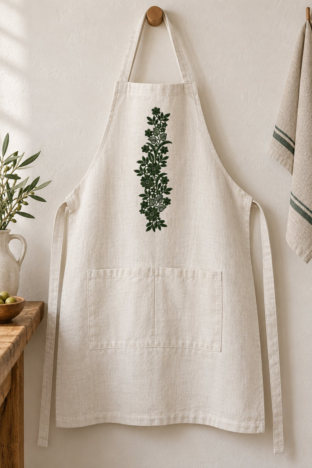 Adult ivory linen apron with a narrow single-color wildflower vine on the bib above the pocket.