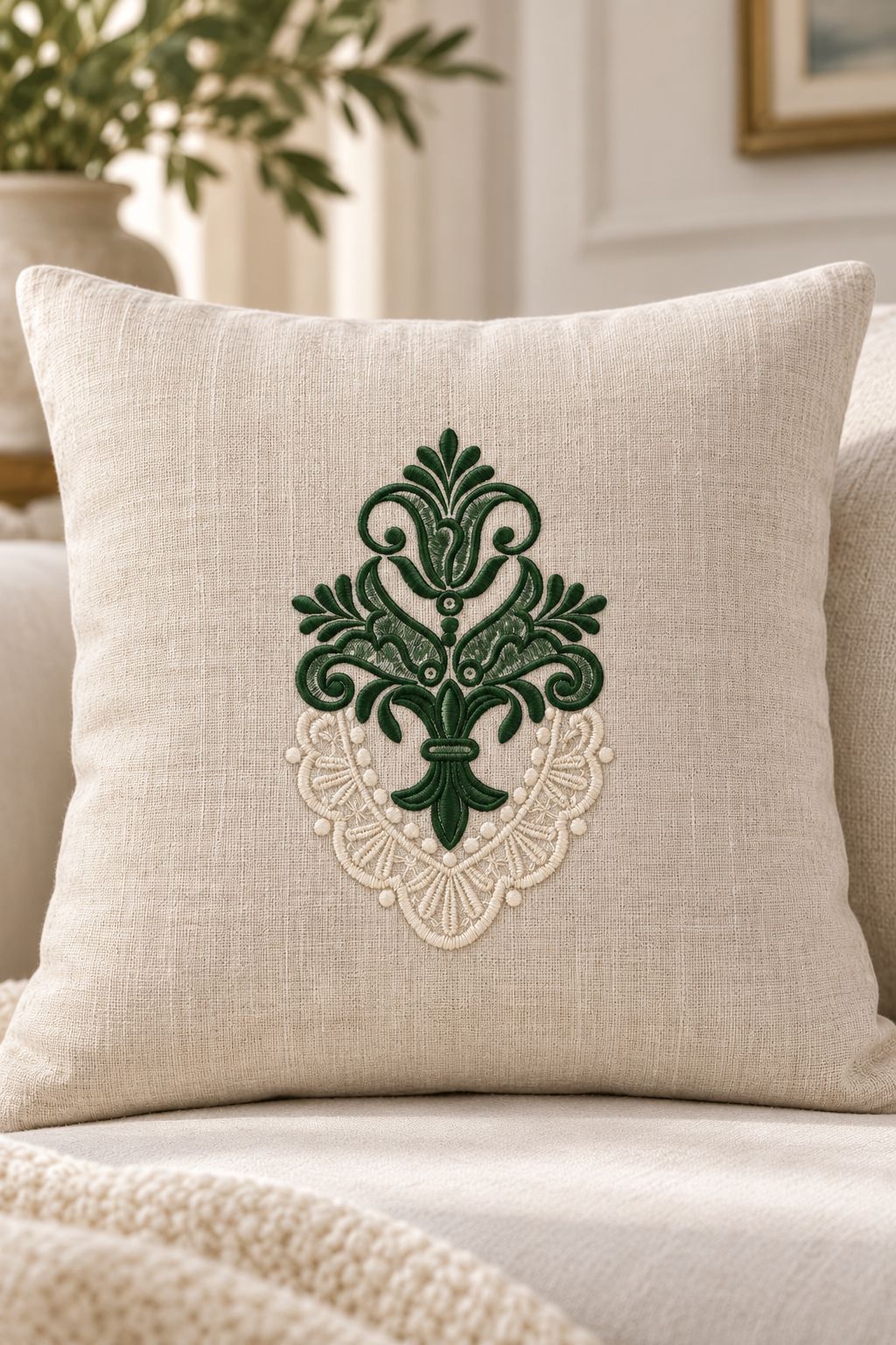Photorealistic fleur and lace ornament machine embroidery in forest green and antique ivory thread on a linen decorative cushion, shown as one fabric-stitched motif