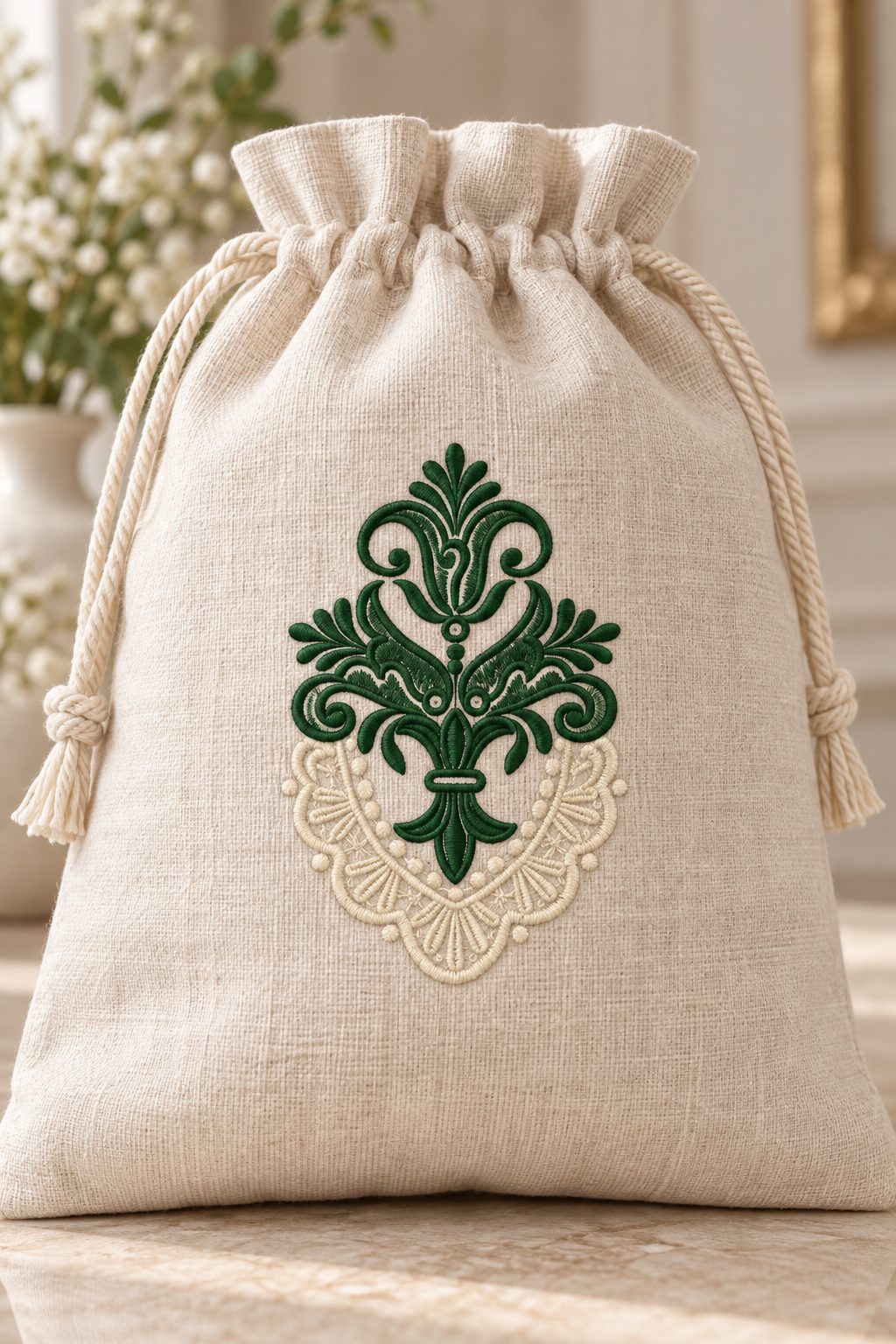 Photorealistic fleur and lace ornament machine embroidery in forest green and antique ivory thread on a linen keepsake drawstring bag, shown as one fabric-stitched motif