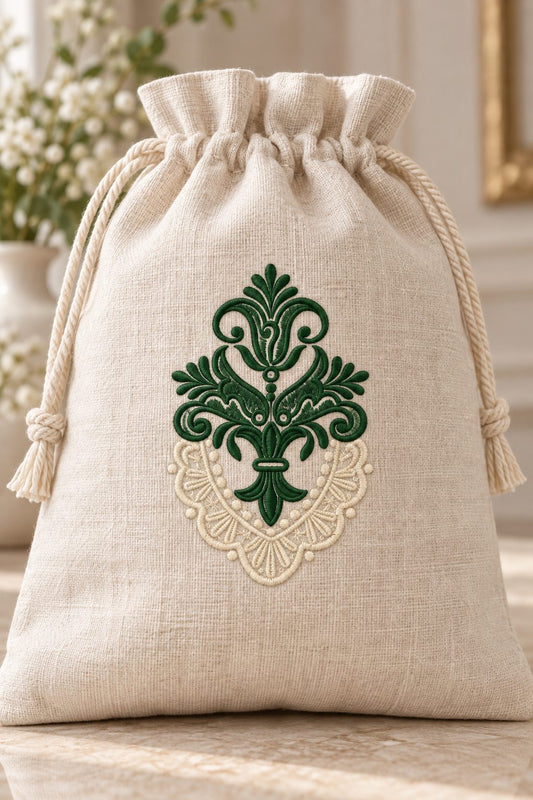 Photorealistic fleur and lace ornament machine embroidery in forest green and antique ivory thread on a linen keepsake drawstring bag, shown as one fabric-stitched motif