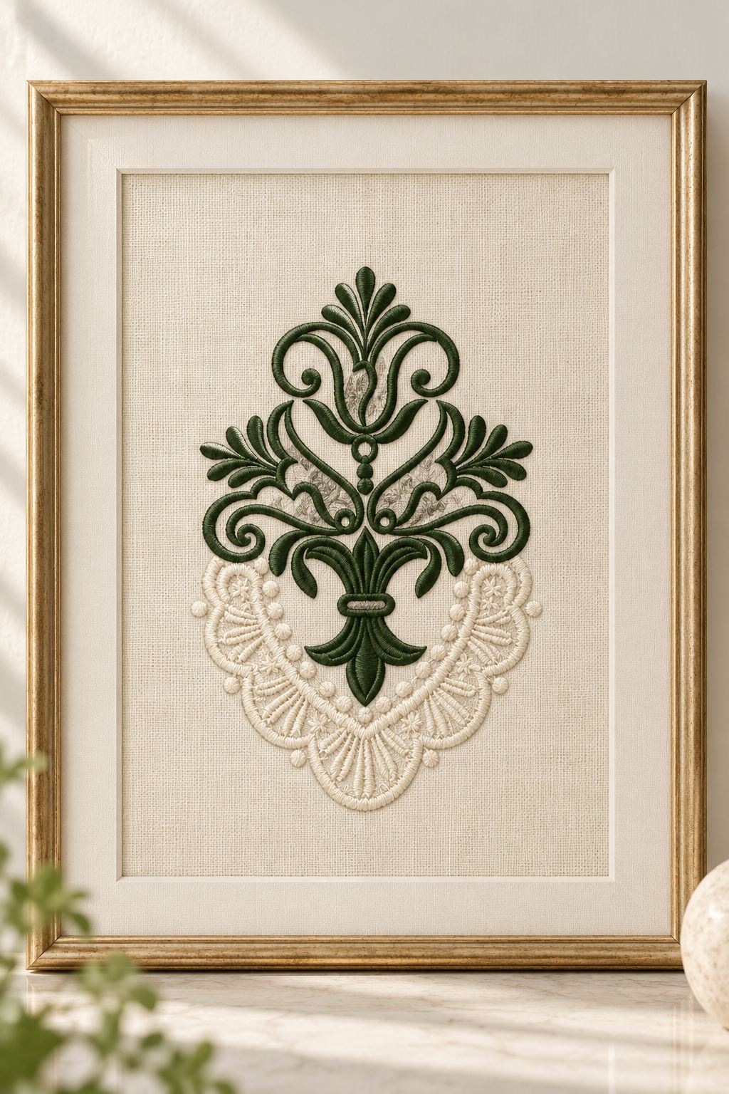 Photorealistic fleur and lace ornament machine embroidery in forest green and antique ivory thread on a framed linen textile, shown as one fabric-stitched motif