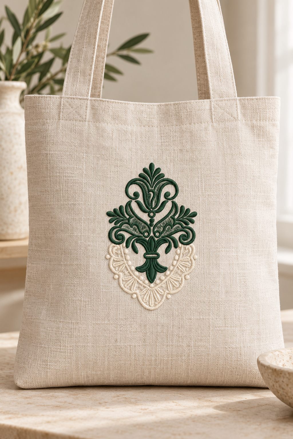 Photorealistic fleur and lace ornament machine embroidery in forest green and antique ivory thread on a linen tote, shown as one fabric-stitched motif