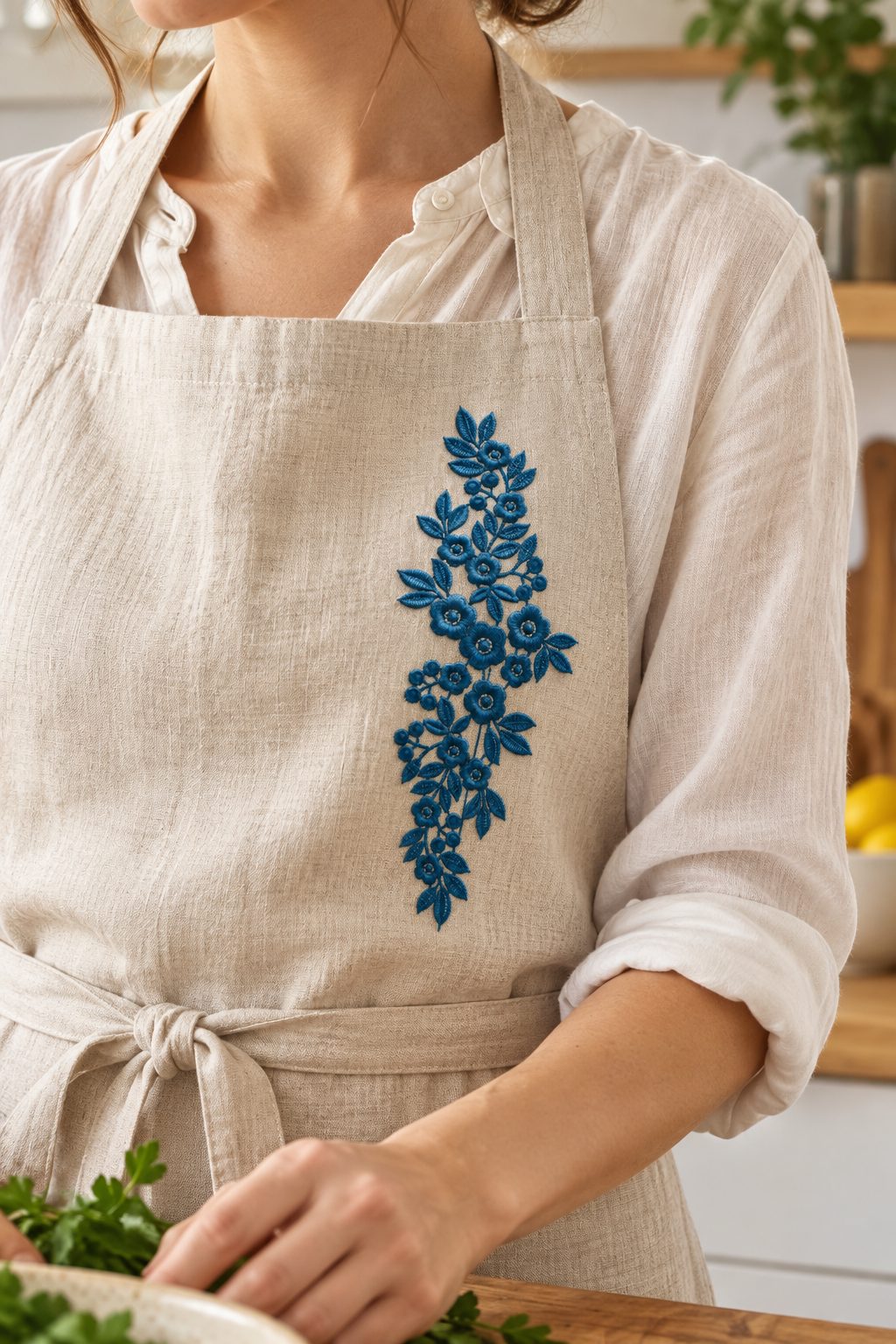 Photorealistic vertical rose leaf spray machine embroidery in deep forest teal thread on a linen apron panel, shown as one fabric-stitched motif