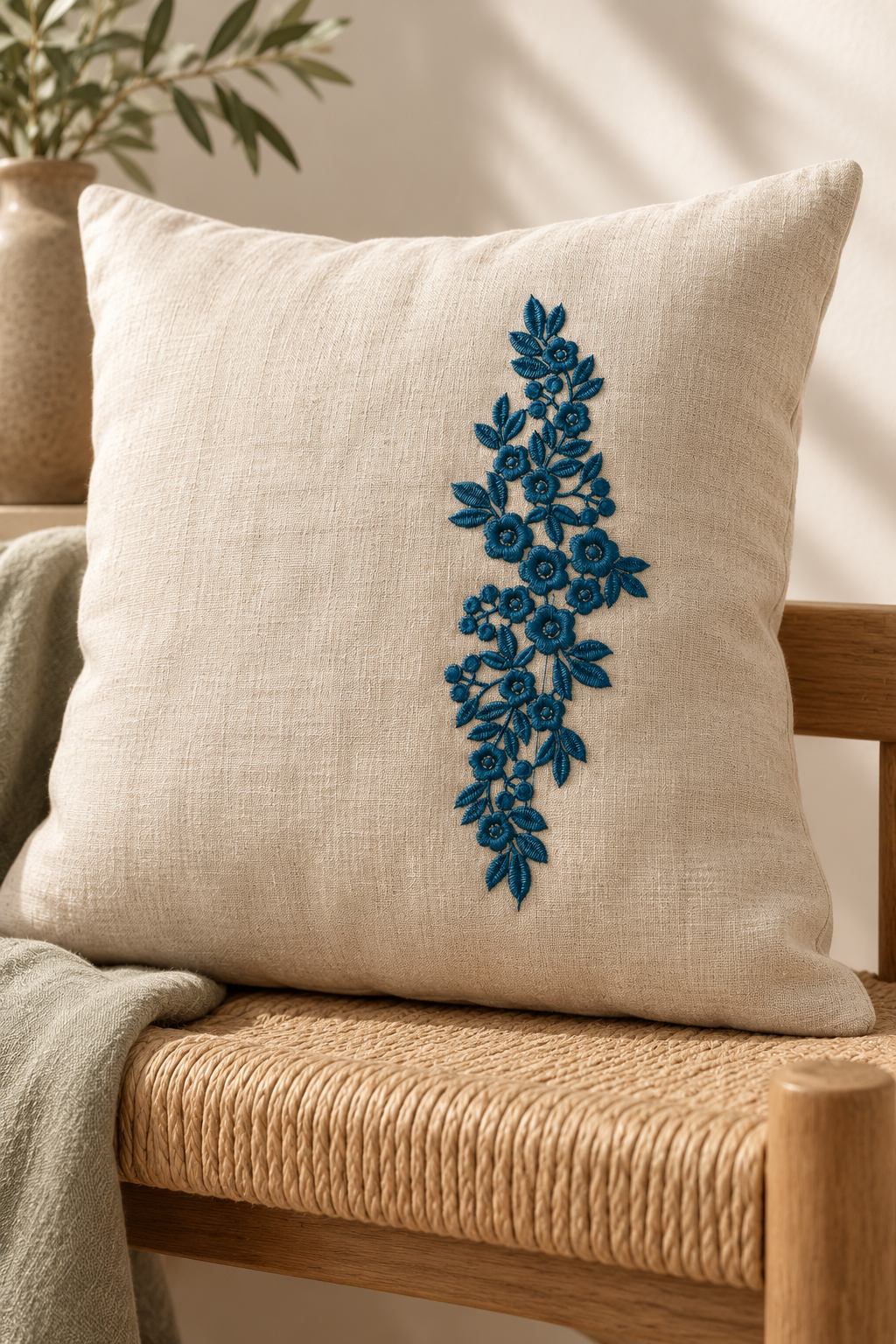 Photorealistic vertical rose leaf spray machine embroidery in deep forest teal thread on a linen cushion, shown as one fabric-stitched motif